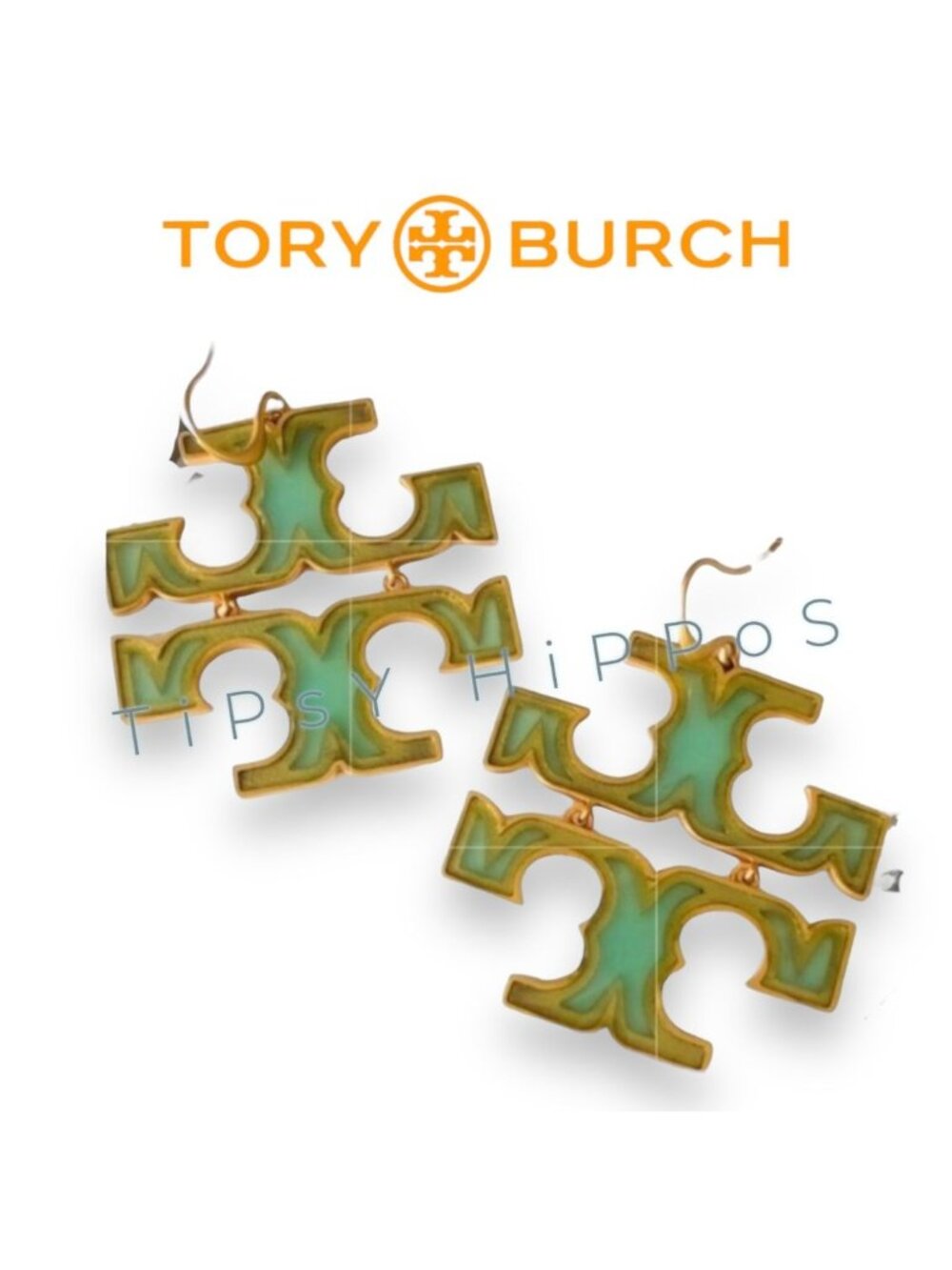 Tory Burch Miller Green and Gold Logo Earrings
